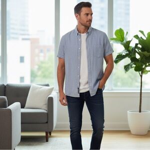 J.CREW Men's Slim Fit Short linen  Sleeve Blue Button-Up Shirt XL Casual